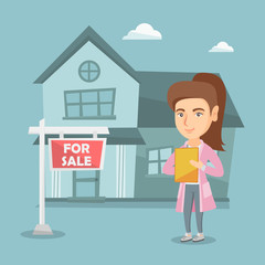Young caucasian real estate agent signing a home purchase contract on the background of house with placard for sale. Realtor standing near house for sale. Vector cartoon illustration. Square layout.