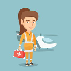 Young caucasian doctor of air ambulance standing on the background of rescue helicopter. Full length of a doctor of air ambulance holding a first aid box. Vector cartoon illustration. Square layout.
