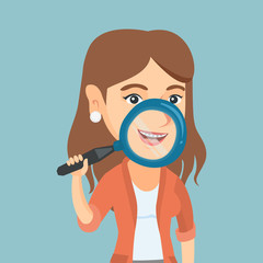 Young caucasian smiling woman holding a magnifying glass in front of her teeth with braces. Woman demonstrating her teeth with braces through a magnifier. Vector cartoon illustration. Square layout.