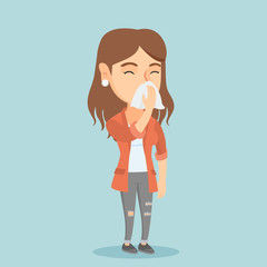 Young caucasian woman blowing her nose to a paper napkin. Sick woman sneezing. Unwell woman having an allergy and blowing her nose to a tissue. Vector cartoon illustration. Square layout.