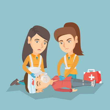 Caucasian paramedics doing cardiopulmonary resuscitation of a woman. Team of young emergency doctors during process of resuscitation of an injured woman. Vector cartoon illustration. Square layout.