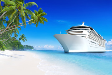 3D cruise ship at a tropical beach paradise in Samoa - obrazy, fototapety, plakaty