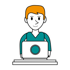 man using laptop icon image frontview vector illustration design