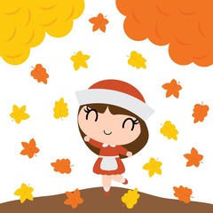 Cute pilgrim girl is happy behind maple trees vector cartoon illustration for happy thanksgiving's day card design, wallpaper and kid t-shirt design