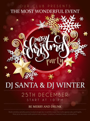 Vector illustration of christmas party poster with hand lettering label - christmas - with stars, sparkles, snowflakes and swirls - 176042752
