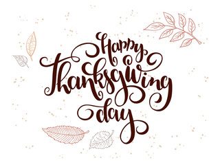 vector hand lettering greeting happy thanksgiving day text with doodle leaves and dots
