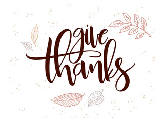 vector hand lettering greeting happy thanksgiving day text with doodle leaves and dots