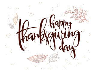 vector hand lettering greeting happy thanksgiving day text with doodle leaves and dots