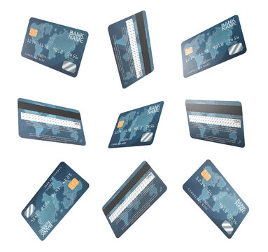 3d Rendering Of Several Identical Generic Credit Cards Shown In Various Angle In One Set.