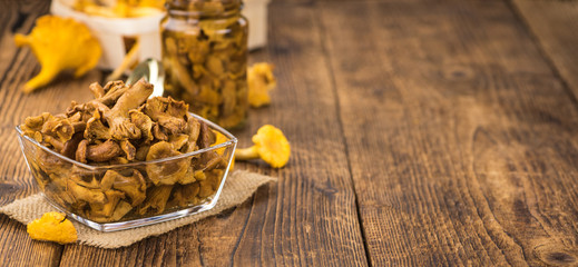 Preserved chanterelles close-up shot, selective focus