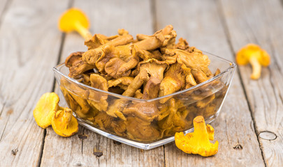 Preserved chanterelles close-up shot, selective focus