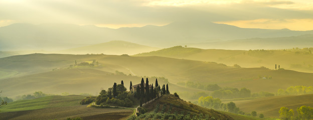 Pienza, Italy-September 2015: autumn panorama of the most beautiful area in Tuscany, Val d'Orcia Valley
