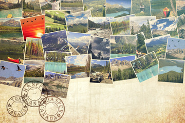 Fototapeta premium Canada's National Parks and Landscapes. Photo collection. Colored beautiful nature photo's background with copy space. Old paper textured image. Travel and Tourism concept