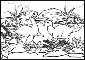 Fototapeta na wymiar coloring page of cartoon dinosaurs world