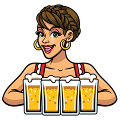 girl of oktoberfest holding bunch of beers