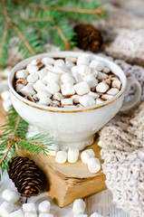 Fototapeta na wymiar Hot chocolate with marshmallow on the table with Christmas decorations