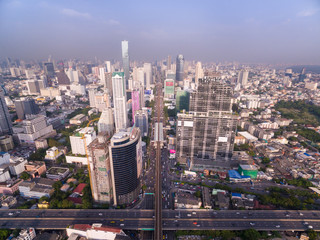 Expressway And Sathorn District Skyline, Bangkok, Thailand, Aerial Shot