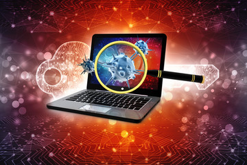 Computer Virus Concept. Virus Detection, Magnifying Glass scanning Virus with Computer.  3d render