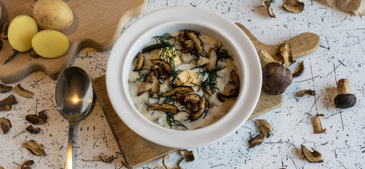 creamy soup of forest mushrooms, dill, eggs and cream - Kulajda