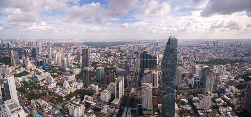 Modern Skyscrapers In Sathorn District, Central Bangkok, Thailand, Aerial Panoramic Shot