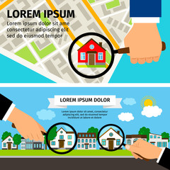 Obraz na płótnie Canvas Search House Concept. Magnifying glass select with houses real estate and map
