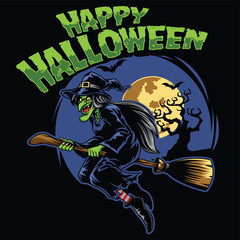 halloween design witch and fliying broom