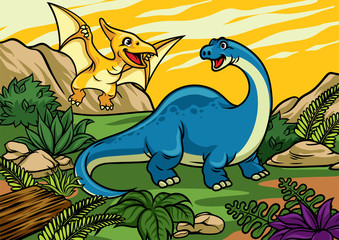 happy cheerful cartoon of brontosaurus and pterodactyl