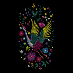 flowers cherry blossom and crane, east. traditional stylish fashionable embroidered embroidery on a black background. sketch for printing on fabric, bag, clothes, accessories and design. trend vector