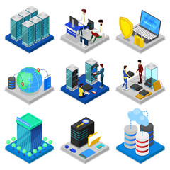 Data centre isometric 3D set. Global communication, internet network, cloud database, computer technology, data security. Data center with hosting servers equipment and staff vector illustration.