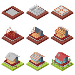 Isometric 3D set construction stages of countryside house. Foundation pouring, construction of walls, roof installation and landscape design. Low poly model of rural real estate vector illustration.