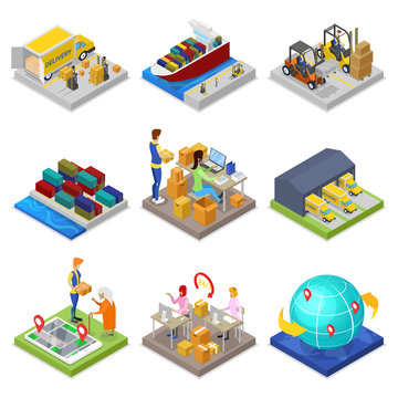 Logistics service isometric 3D set. Global freight shipping and distribution, fast delivery transportation, warehouse management. Sea, rail, air and road cargo transportation vector illustration.