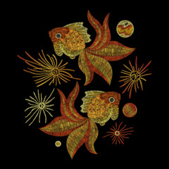 white lace, gold fish. Traditional folk stylish stylish floral embroidery on the black background. Sketch for printing on fabric, clothing, bag, accessories and design. Vector, trend
