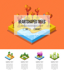 Park zone with heart shaped trees isometric infographics. Flower bed, palm trees on beach, lawn with green grass, roads and benches. Public park zone with decorative plants vector illustration