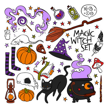Magic witch set. Black cat, witch hat, halloween pumpkin, potion, skull, book, stars. Isolated vector objects on white background.