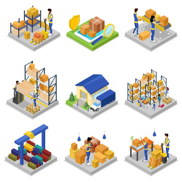 Warehouse management isometric 3D set. Freight warehousing and goods distribution, fast delivery service, local commercial transportation, storehouse logistics, cargo terminal vector illustration.