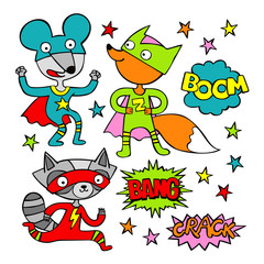 Superheroes. Raccoon, mouse and fox. Cartoon. Seamless vector pattern (background).