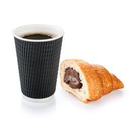 Croissant and coffee in paper cup isolated on white background.