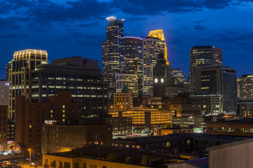 Minneapolis downtown skyline at night, Minnesota, USA