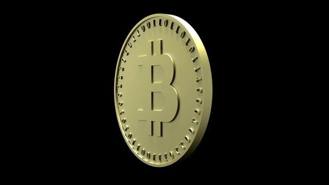 Gold coin with the symbol of digital crypto currency Bitcoin rotates on an edge on a transparent background, 3d rendering, PNG format with ALPHA transparency channel