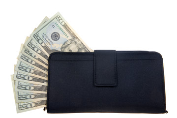 
Stack of twenty dollar bills sticking out of the side of a black woman's wallet isolated on white background