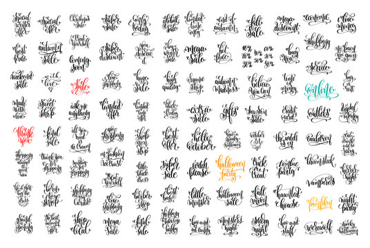 100 hand lettering inscription about autumn sale and halloween