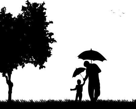 Father walking under the umbrellas with his child in park, one in the series of similar images silhouette