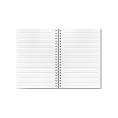 Vector open on two pages realistic horizontal lined notebook with metallic spiral with mesh shadow. Copybook with blank opened page, organizer mock up for your text