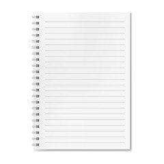 Blank realistic vector horizontal lined notebook with shadow. Copybook with blank opened ruled page on metallic spiral, dairy or organizer mockup for your text