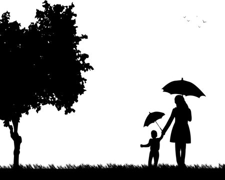 Mother walking under the umbrellas with her child in park, one in the series of similar images silhouette
