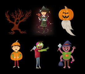 halloween set with spider, ghost, costume, pumpkin, fairy, tree, zombies, candy. Celebration vector