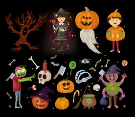 halloween set with spider, ghost, costume, pumpkin, fairy, tree, zombies, candy. Celebration vector