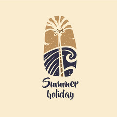 Hand drawn vector image with palm tree and sea. Concept design for print on t-shirt. Logo for travel agency.