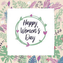 Happy women day. Template vector background for gift card and postcard with flower.