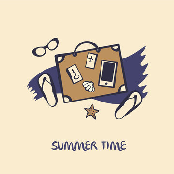 Hand drawn vector concept image of logo for summer time. Illustration of glasses, baggage. Print on t-shirt, poster, banner for travel, design agency. baggage. 